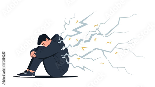 Illustration of a person experiencing mental health issues with cracks and lightning bolts