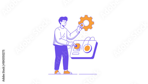 Illustration depicting a person interacting with a control panel and gear in a work setting