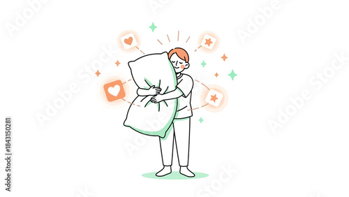 Illustration showing a person hugging a pillow surrounded by hearts and stars
