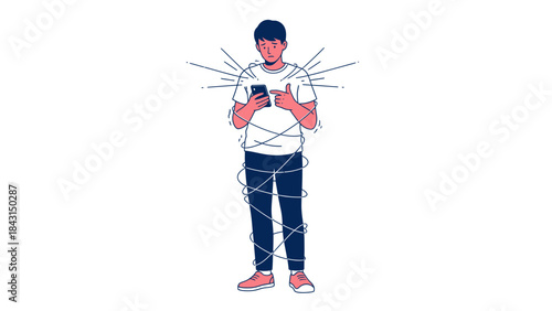 A person trapped by technology and social media addiction concept illustration