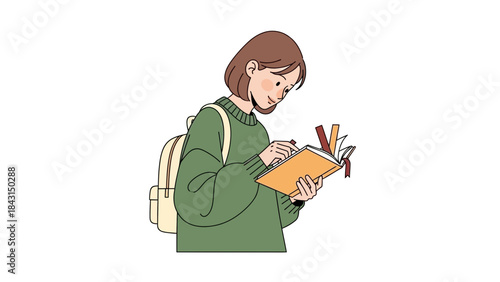 Illustration of a student taking notes in a journal with an open book and backpack