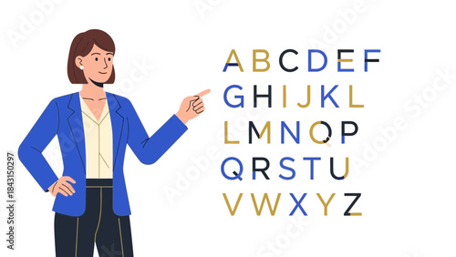 A woman pointing at the alphabet letters for education and learning purposes