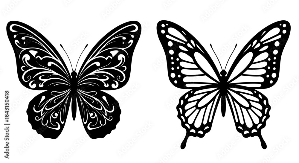 Fototapeta premium Two distinct black and white butterfly vector illustrations, featuring intricate decorative patterns and clean silhouettes, isolated for versatile design use.