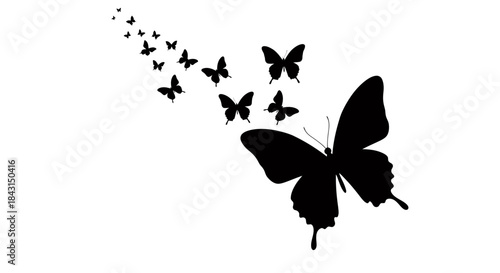 A large black butterfly silhouette with a trail of smaller butterflies flying upwards and to the left, against a plain white background.