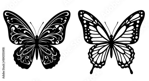 Two distinct black and white butterfly vector illustrations, featuring intricate decorative patterns and clean silhouettes, isolated for versatile design use.