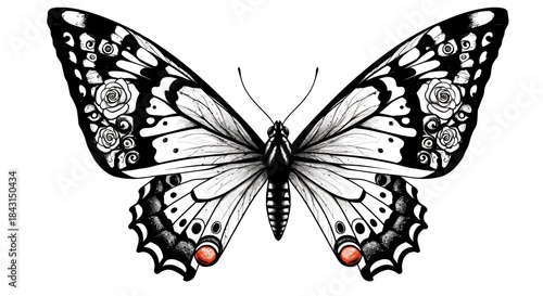 Detailed black and white butterfly illustration with intricate rose patterns and small red accents on its wings.
