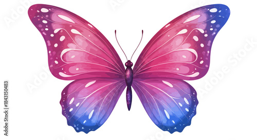 Vibrant watercolor illustration of a butterfly with pink and blue gradient wings.