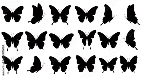 A collection of black butterfly silhouettes in various flight poses and angles against a white background, showcasing their graceful movement.