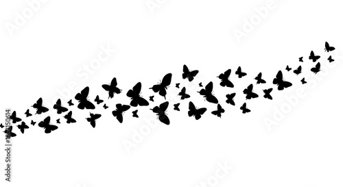 A graceful swarm of black butterfly silhouettes forms a decorative, flowing trail, ideal for elegant design elements and creative projects.