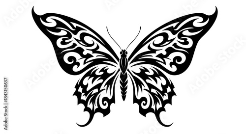 Stylized Black Tribal Butterfly Tattoo Design - Intricate Wings with Swirls and Flames Isolated on White