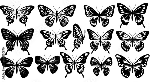 Set of 15 Black and White Butterfly Silhouettes: Various Wing Patterns, Poses, and Styles Vector Collection.