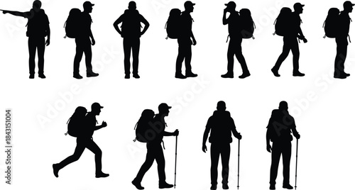 Backpacker hiking silhouettes collection vector illustration, travelers trekking with backpacks and walking sticks, outdoor adventure camping journey concept, isolated black figures