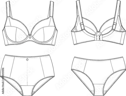 Technical Fashion Flat Sketch of a Bra and High-Waist Panty Lingerie Set. Underwire Bra and Briefs CAD Template with Scalloped Lace Trim and Back Hook-and-Eye Closure Outline.
