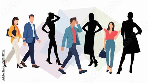 Diverse group of stylish people walking confidently.