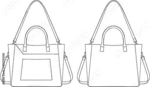Technical Fashion Flat Sketch of a Modern Shoulder Tote Bag. Front and Back View CAD Template with Top Handles, Detachable Crossbody Strap, and Front Slip Pocket Outline.
