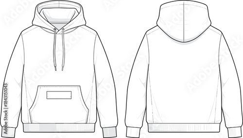 Technical Fashion Flat Sketch of a Men's or Unisex Pullover Hoodie Sweatshirt. Front and Back View CAD Template with Hood, Drawstring, Pouch Pocket, and Rib Cuffs, Black and White.