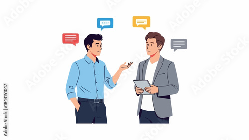 Two men in conversation with speech bubbles above their heads.