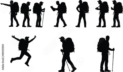 Hiking backpacker silhouettes set vector illustration, travelers trekking with backpacks, outdoor adventure camping concept, exploration journey icons, isolated black figures