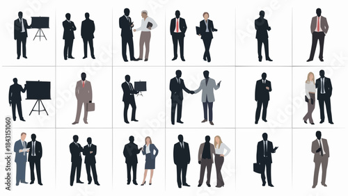 Diverse group of business professionals in various poses and interactions.