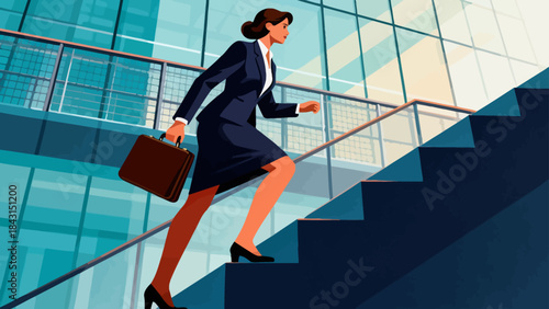 This illustration depicts a business professional striding up a tall staircase, symbolizing determined career advancement, upward business growth, and ambitious progress.