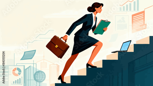 This illustration depicts a business professional striding up a tall staircase, symbolizing determined career advancement, upward business growth, and ambitious progress.