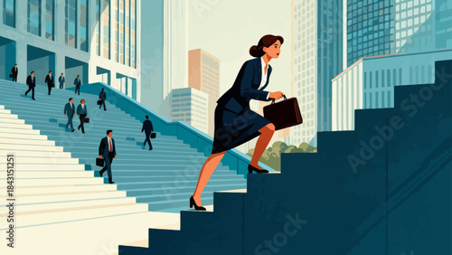 This illustration depicts a business professional striding up a tall staircase, symbolizing determined career advancement, upward business growth, and ambitious progress.