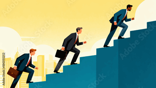 This illustration depicts a business professional striding up a tall staircase, symbolizing determined career advancement, upward business growth, and ambitious progress.