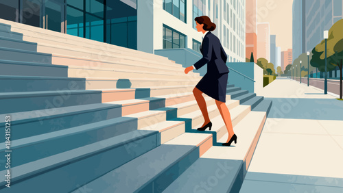 This illustration depicts a business professional striding up a tall staircase, symbolizing determined career advancement, upward business growth, and ambitious progress.