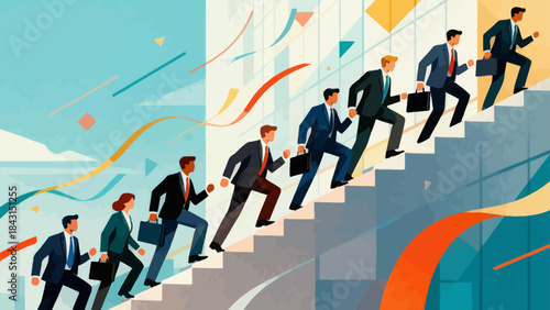 This illustration depicts a business professional striding up a tall staircase, symbolizing determined career advancement, upward business growth, and ambitious progress.