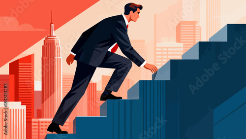 This illustration depicts a business professional striding up a tall staircase, symbolizing determined career advancement, upward business growth, and ambitious progress.