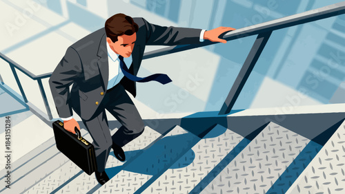 This illustration depicts a business professional striding up a tall staircase, symbolizing determined career advancement, upward business growth, and ambitious progress.