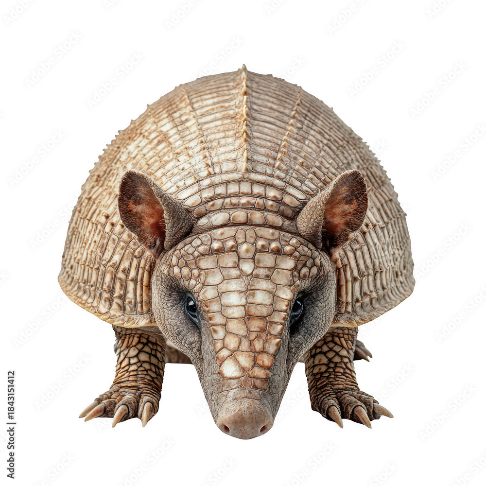 Obraz premium A close-up view of an armadillo its unique armor-like shell and facial features. positioned against a white background. ideal for educational or wildlife-related projects