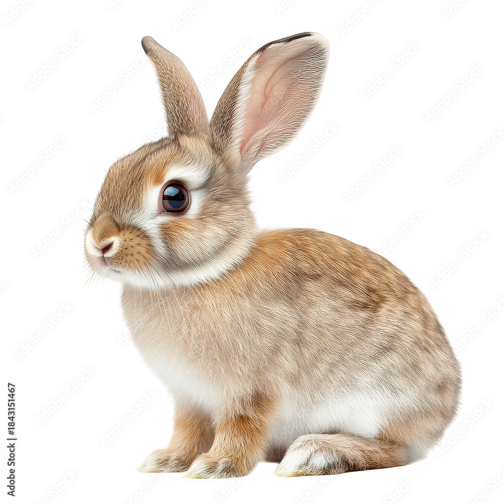 Obraz premium A cute. fluffy rabbit sitting gracefully on a white background. its soft fur and inquisitive expression. ideal for nature-themed projects or animal-related content