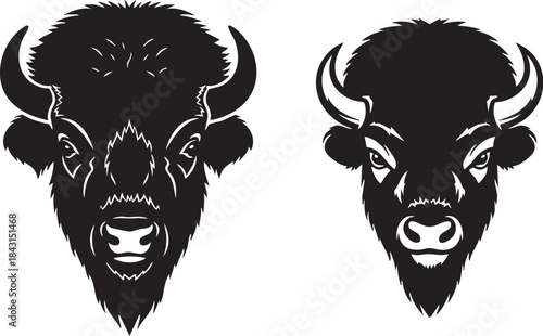 Two American Bison head silhouette vector - buffalo mascot design - buffalo head vector