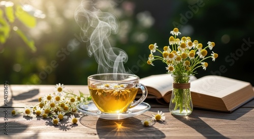 A steaming cup of chamomile tea with a bouquet of chamomile flowers on a wooden table with a book and a vase.