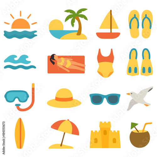 Sun-kissed Collection: A vibrant compilation of summery icons, evoking the blissful essence of beach getaways and sun-drenched adventures.