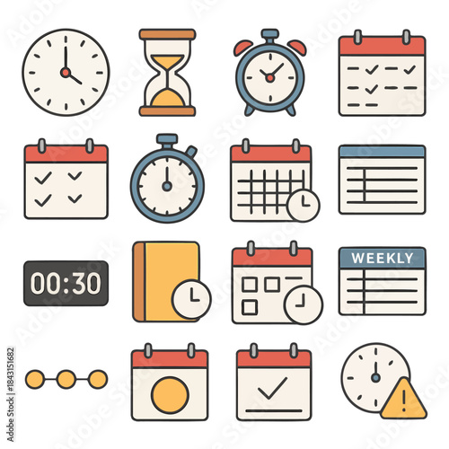 Time Management Collection: A comprehensive collection of meticulously designed icons representing various aspects of time management, from clocks and calendars to timers and schedules.