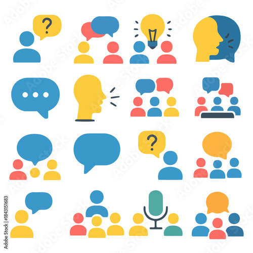 Ideas and Dialogue: A visually dynamic illustration featuring a multitude of icons representing ideas, conversations, and the essence of dialogues.