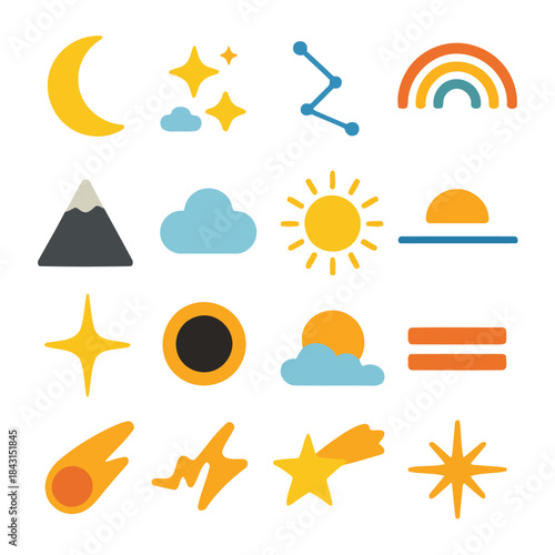 Celestial Symphony of Icons: A vibrant array of weather and astronomical icons, arranged to represent the universe, weather and sky elements.
