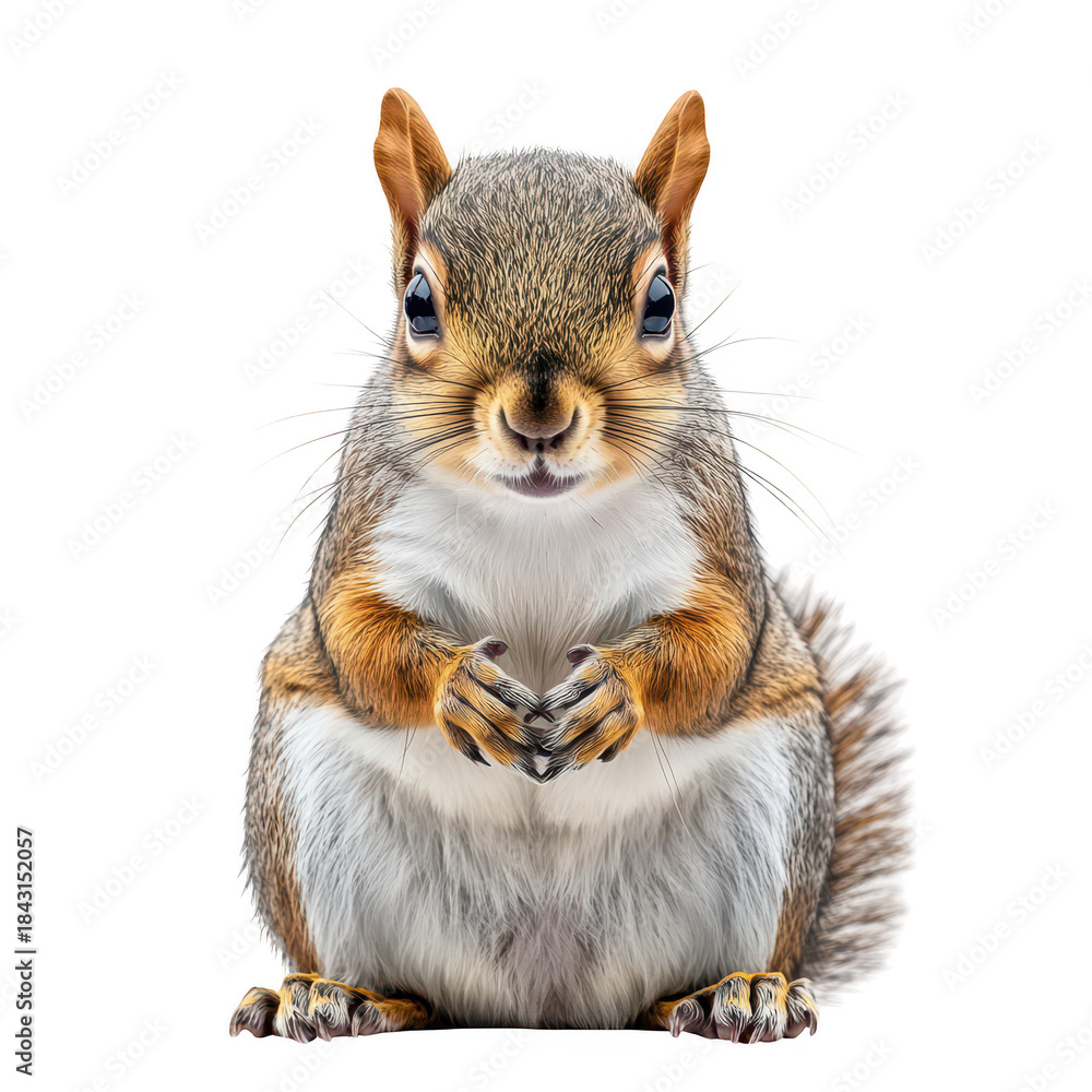 Fototapeta premium A close-up of a cheerful squirrel sitting upright. its fluffy tail and detailed fur. against a plain white background. ideal for wildlife photography and nature-themed projects