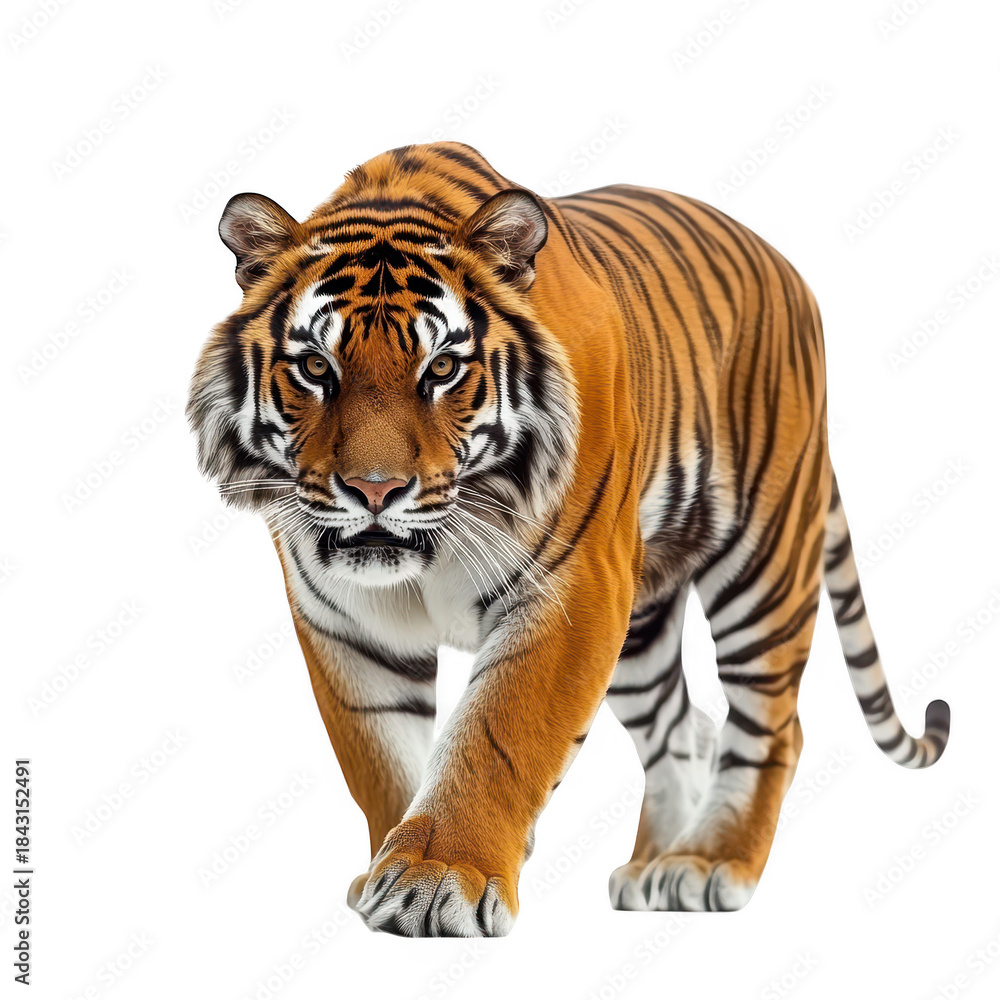 Fototapeta premium A majestic tiger confidently strides forward. its orange and black stripes against a clean white backdrop. symbolizing strength and beauty in wildlife photography