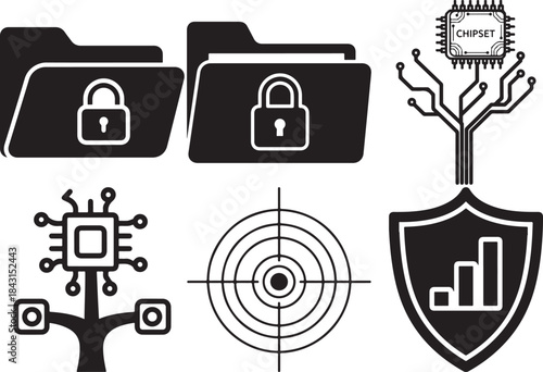 Black and white of chipsets, locked folders, targets, and shield with bar chart technology