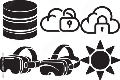 Of database, cloud security, V R headsets with sun symbol server data storage lock VR headset