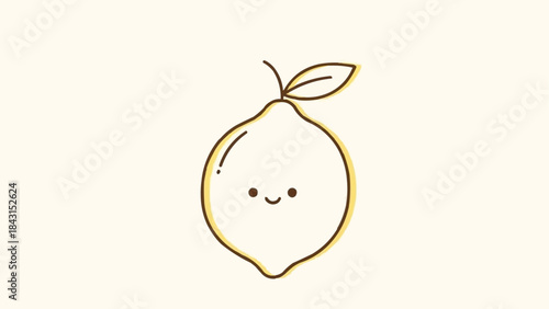 Cute cartoon lemon with a happy face and a leaf.