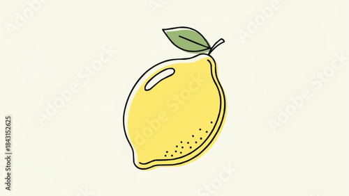 A Simple Yellow Lemon with a Green Leaf and Stem.