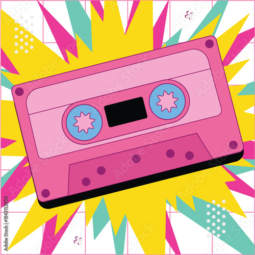 Rave Aesthetic Illustration. Vector illustration of Colorful retro cassette tape with pop art shapes and vibrant 80s style background. Isolated on background