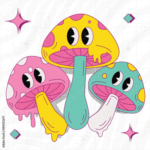 Rave Aesthetic Illustration. Vector illustration of Cute psychedelic mushrooms with dripping caps and big eyes in bright colors, trippy rave aesthetic background. Isolated on background