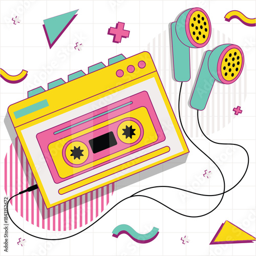 Rave Aesthetic Illustration. Vector illustration of Retro cassette player with wired earphones in colorful pop art rave style. Isolated on background