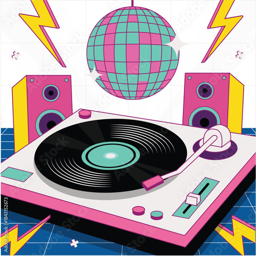 Rave Aesthetic Illustration. Vector illustration of DJ turntable with vinyl record, speakers and disco ball in vibrant rave party atmosphere. Isolated on background