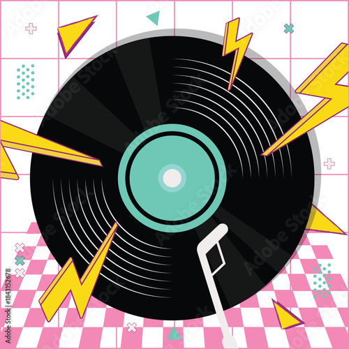 Rave Aesthetic Illustration. Vector illustration of Large vinyl record with stylus and lightning bolts on geometric grid background, bold retro music poster style. Isolated on background